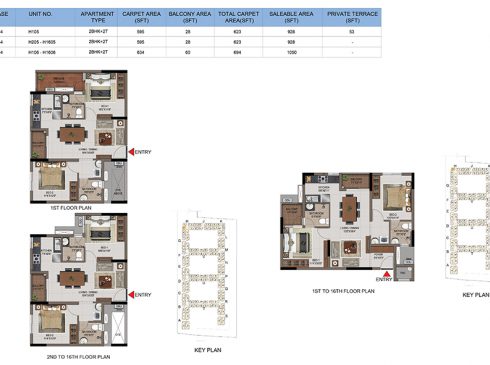 2 BHK Apartments Floor Plan (Unit No H105, H205- H1605, H106-H1606) - Casagrand First City