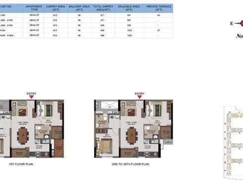 2 BHK Apartments Floor Plan (Unit No J105, J205-J1605, J304-T1604, K104, K204-K1604) - Casagrand First City