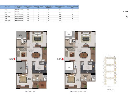 2 BHK Apartments Floor Plan (Unit No M105, M205-M1605, P105, P205-P1605, R106, R206-R1605 ) - Casagrand First City